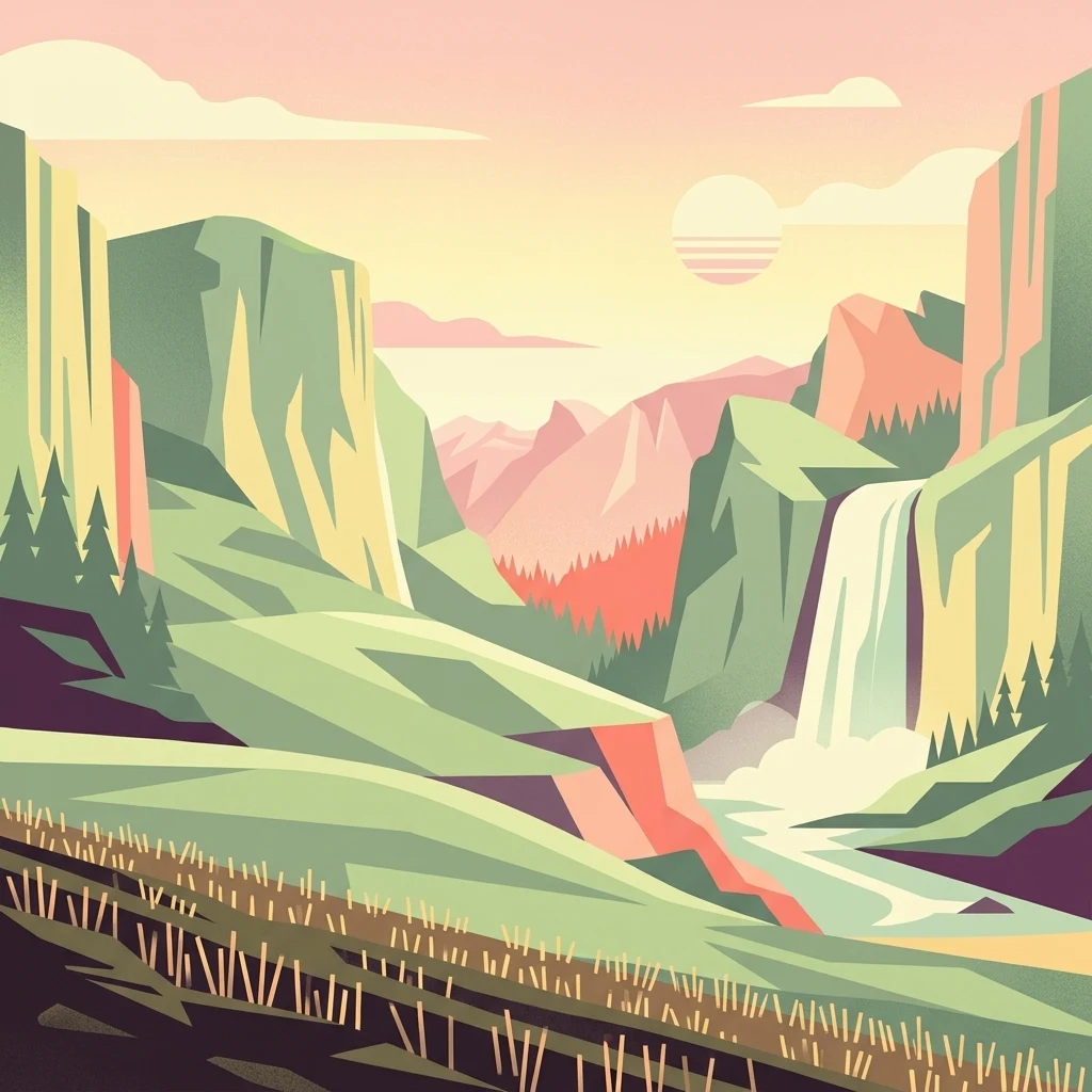 A minimalist, stylized vector illustration of a valley with towering mountains, a cascading waterfall, and a foreground of tall grasses under a warm sunset sky.