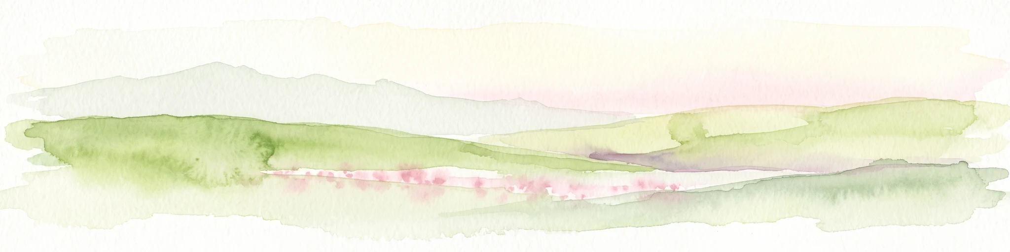 A soft watercolor illustration depicting rolling green hills and meadows with subtle hints of pink flora, set against a pale background.