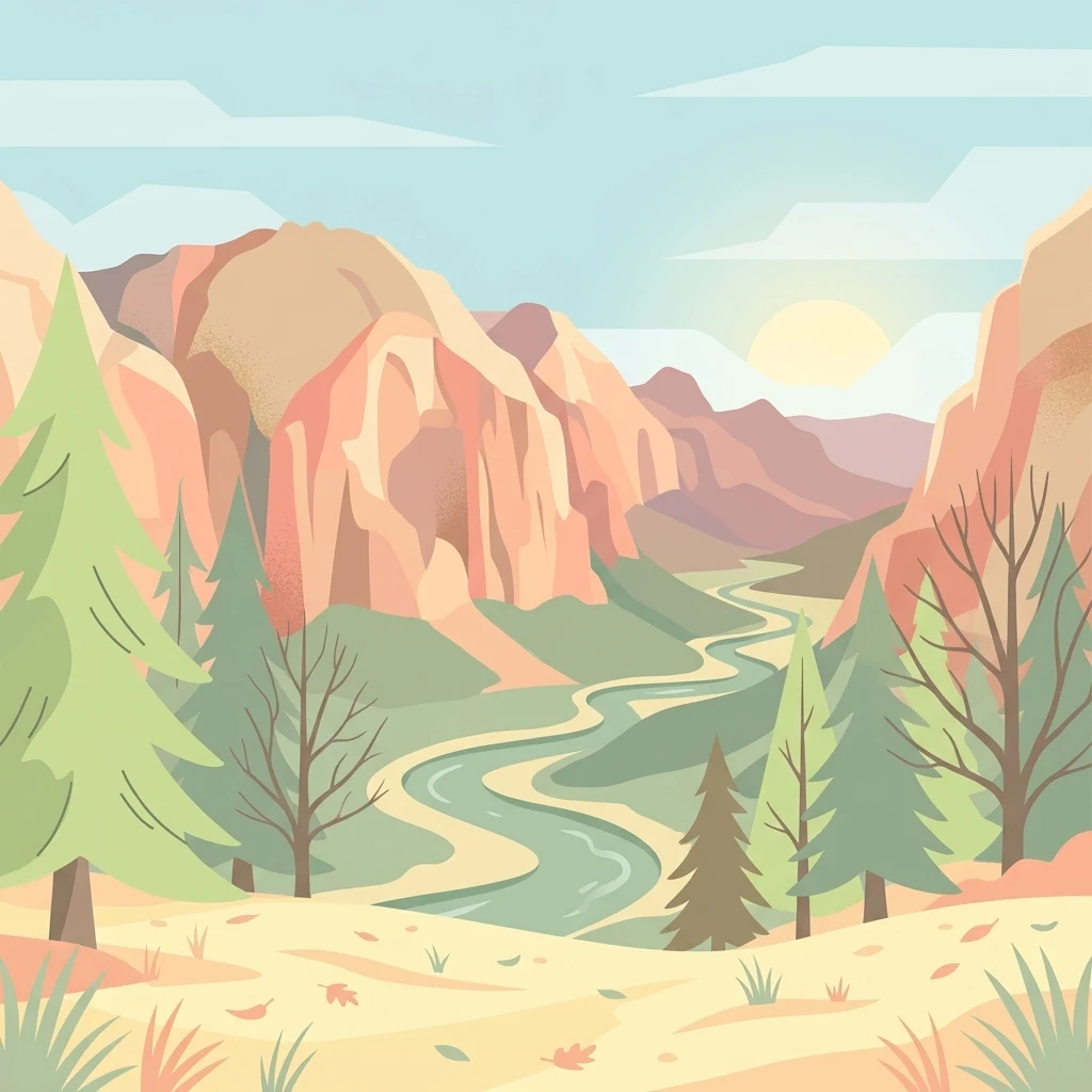 A flat-style vector illustration showing a winding river through a valley flanked by rocky cliffs and pine trees under a pale sky with a sun.