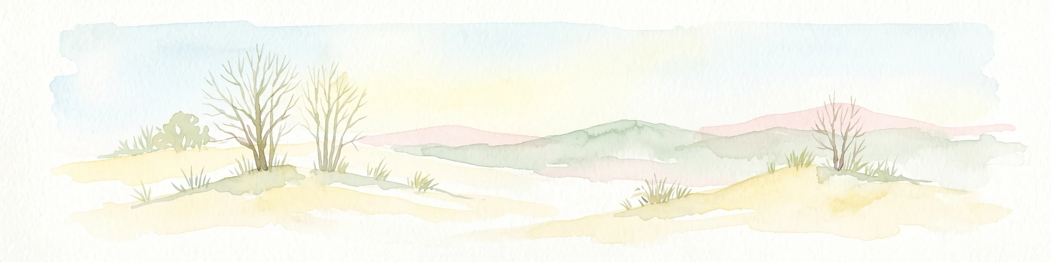A pale, soft watercolor illustration showing rolling hills, sparse trees, and gentle inland dune slopes under a light sky.