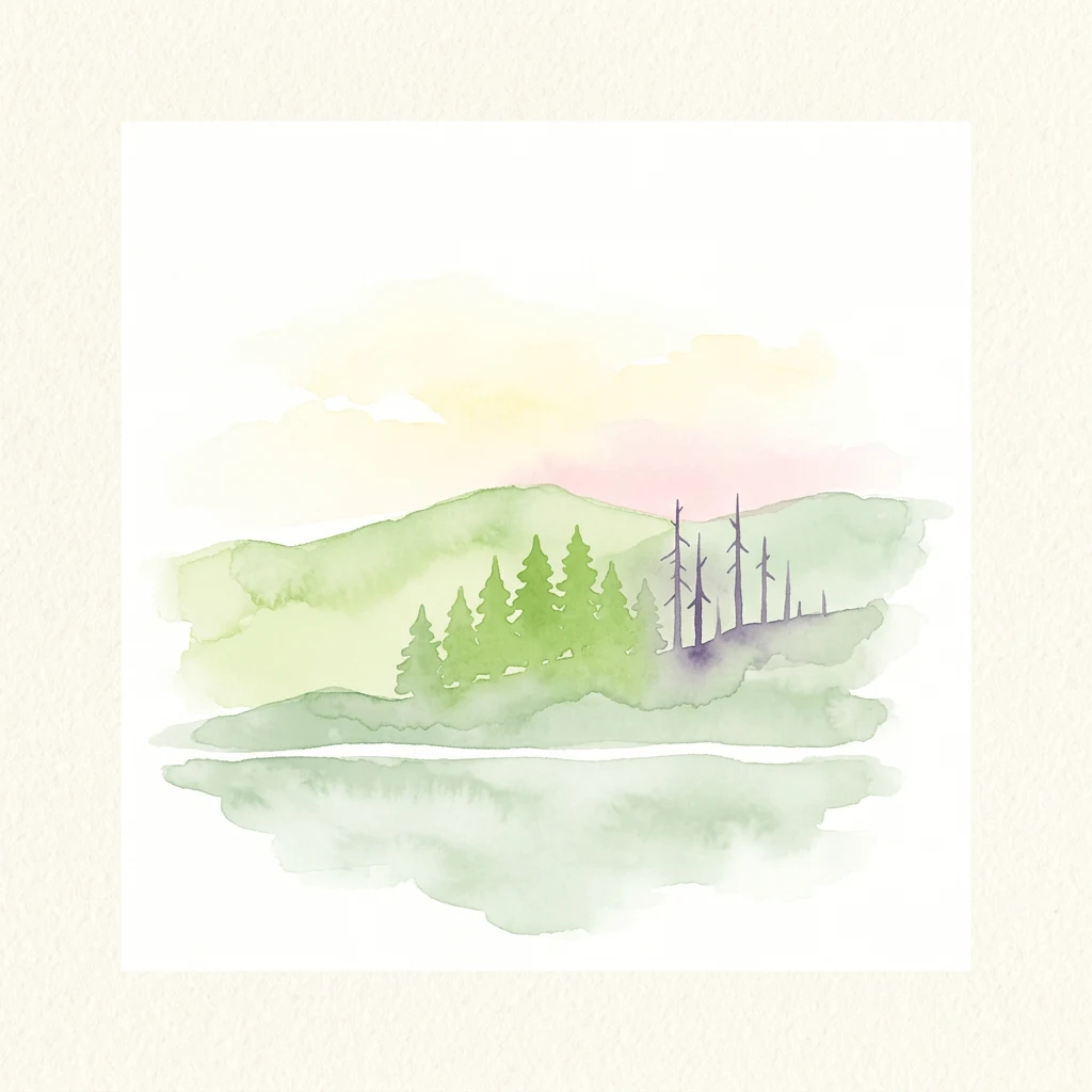 Pintura de acuarela de colinas onduladas, un bosque y un lago reflectante bajo un cielo suave