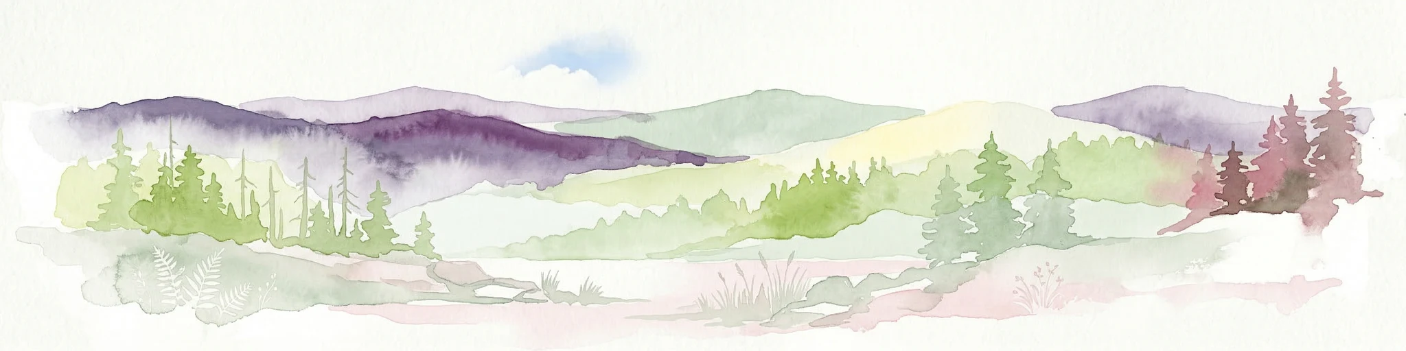 Pintura de acuarela que muestra montañas, bosques y valles en un paisaje.