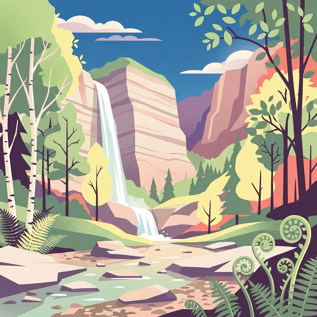 Digital illustration of a waterfall plunging down a high rocky cliff into a foreground stream with scattered stones and ferns.