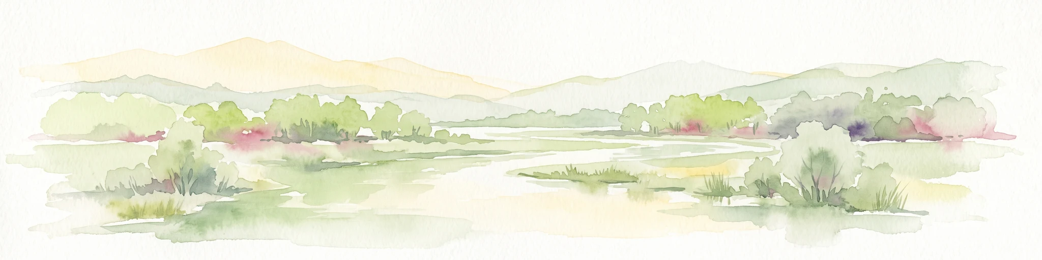 A soft, artistic watercolor painting showing a wide, tranquil wetland scene with soft green and yellow hues, distant rolling hills, and patches of trees and vegetation in a floodplain environment.