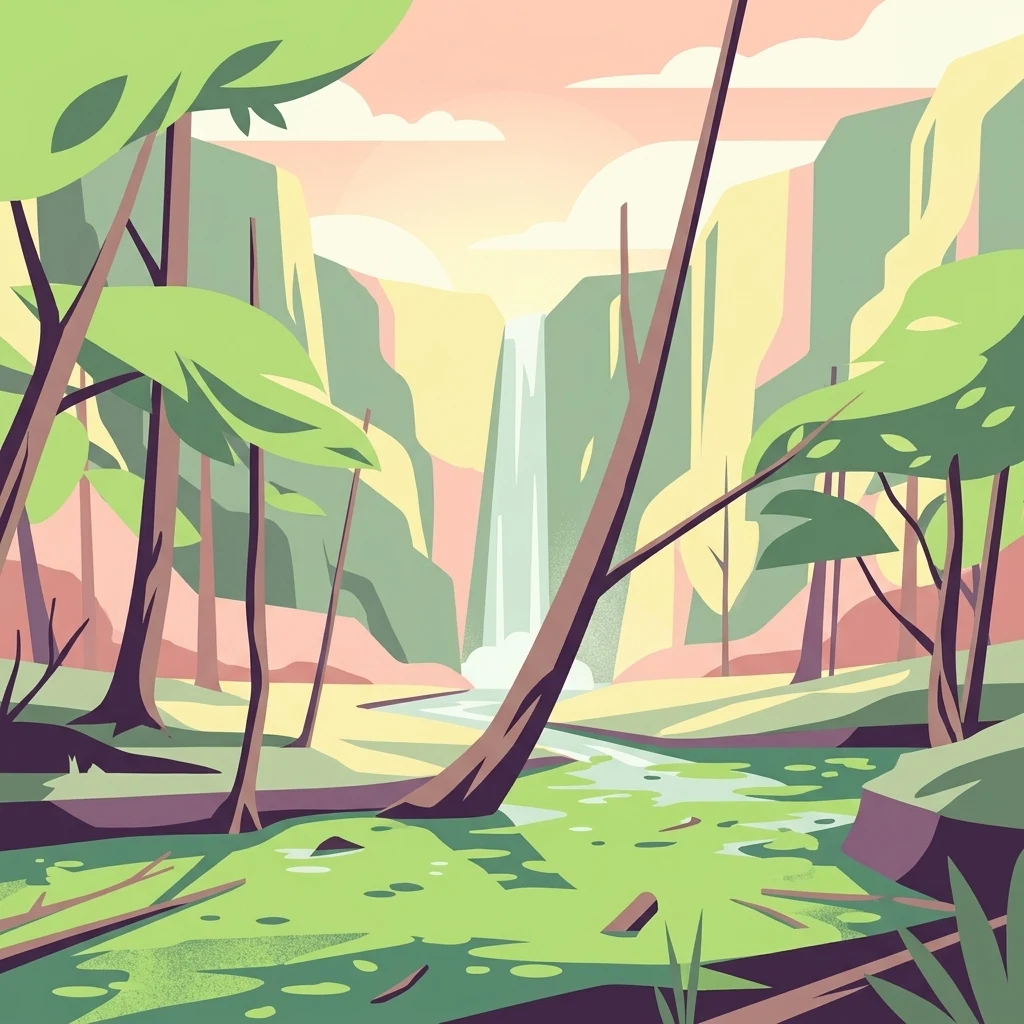 Una ilustración digital que representa un paisaje forestal con una cascada en la distancia, un arroyo en primer plano y árboles estilizados.