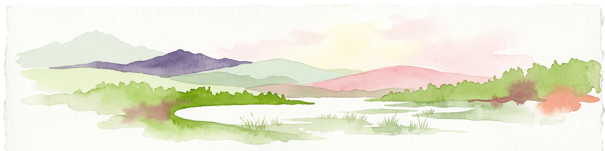 Una ilustración horizontal en acuarela que muestra colinas suaves y onduladas en tonos pastel, y un lago o estanque tranquilo en primer plano, rodeado de orillas cubiertas de hierba.