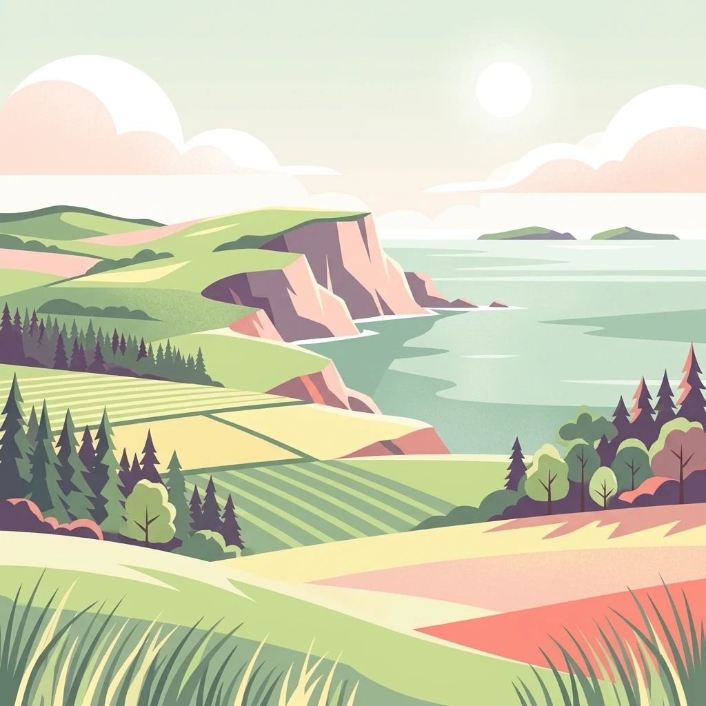 Una ilustración vectorial estilizada de un paisaje costero con colinas verdes onduladas, tierras de cultivo en terrazas, un acantilado escarpado que se encuentra con el agua y un sol brillante en el cielo.