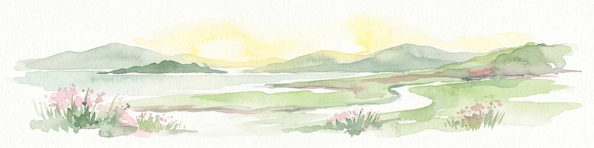 A horizontal watercolor illustration showing a calm coastal bay with grassy banks, winding water channels, and rolling hills in the background under a soft yellow sky.