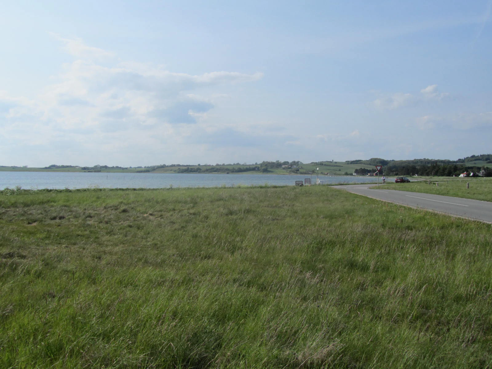 A grassy coastal landscape with a narrow paved road leading toward the horizon along the shore of Begtrup Vig bay.