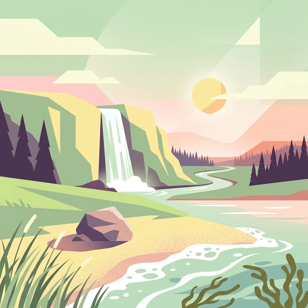 Una ilustración digital que muestra un paisaje tranquilo con una cascada que cae desde un acantilado rocoso hasta un río, que fluye hacia una orilla arenosa y una bahía calmada bajo un sol suave.