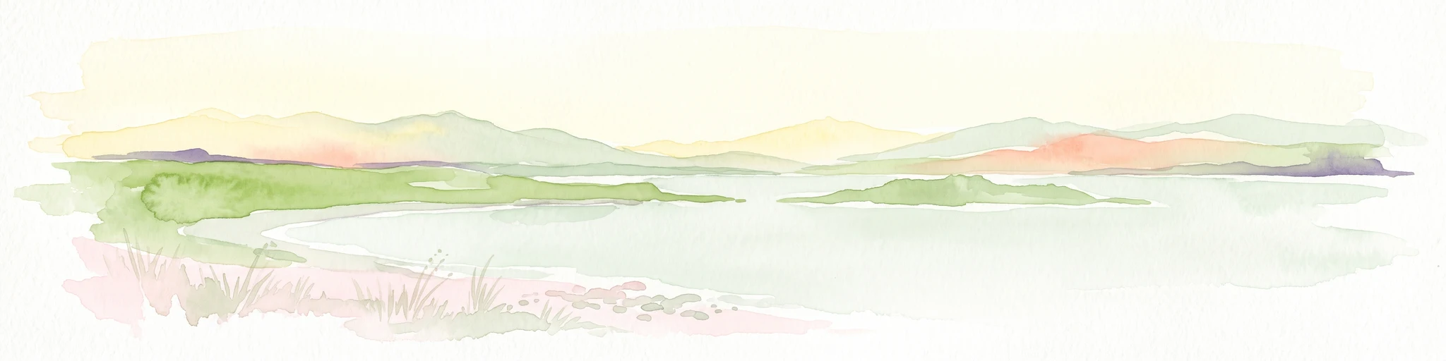 Watercolor painting of a calm coastal bay with soft, layered green hills in the distance and a pale shoreline in the foreground.