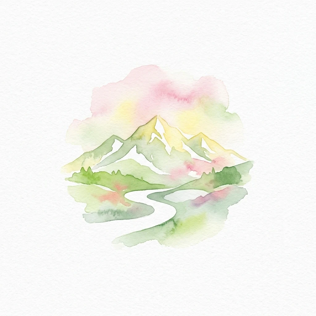 Watercolor painting of a mountain peak with snow, green valleys, a river, and pastel clouds
