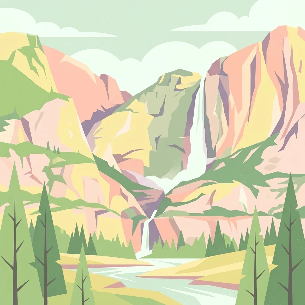 Ilustración estilizada de montañas con cascadas, árboles de hoja perenne y un río