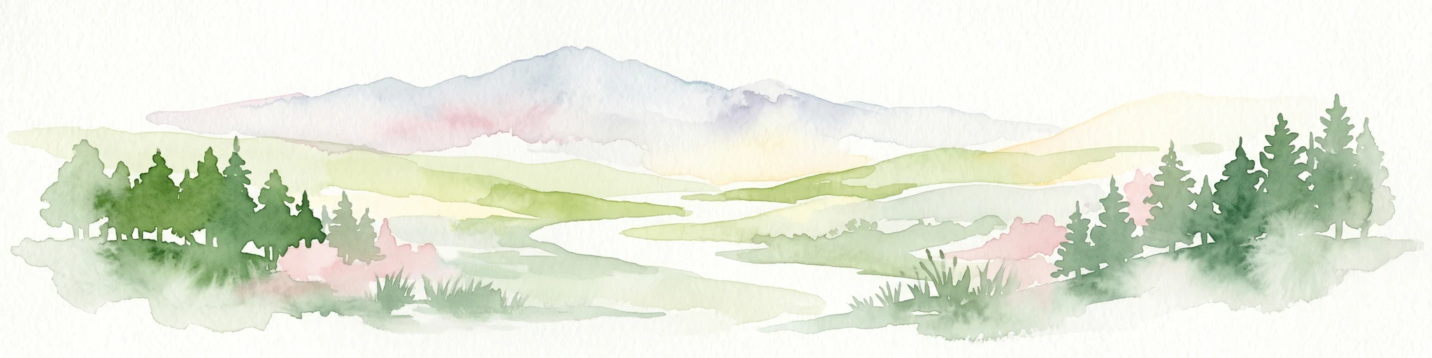 Watercolor illustration showing a landscape with green trees, a winding river, and distant mountains under a light sky