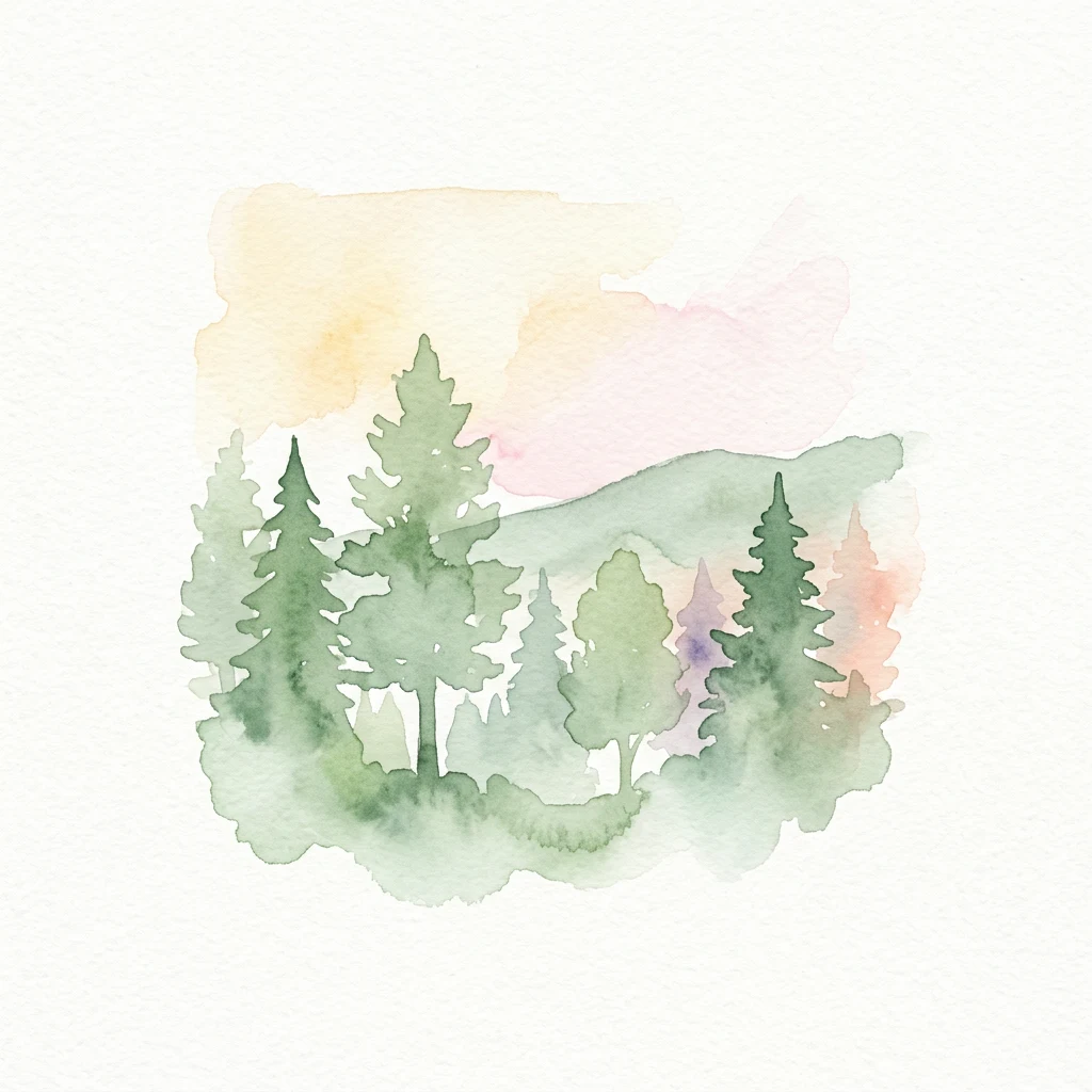 Watercolor painting of tall green trees and a gentle pastel sky with distant hills