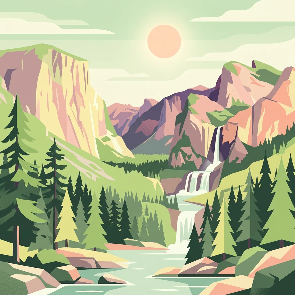 Ilustración estilizada de un valle boscoso con montañas, una cascada y un río bajo un cielo soleado