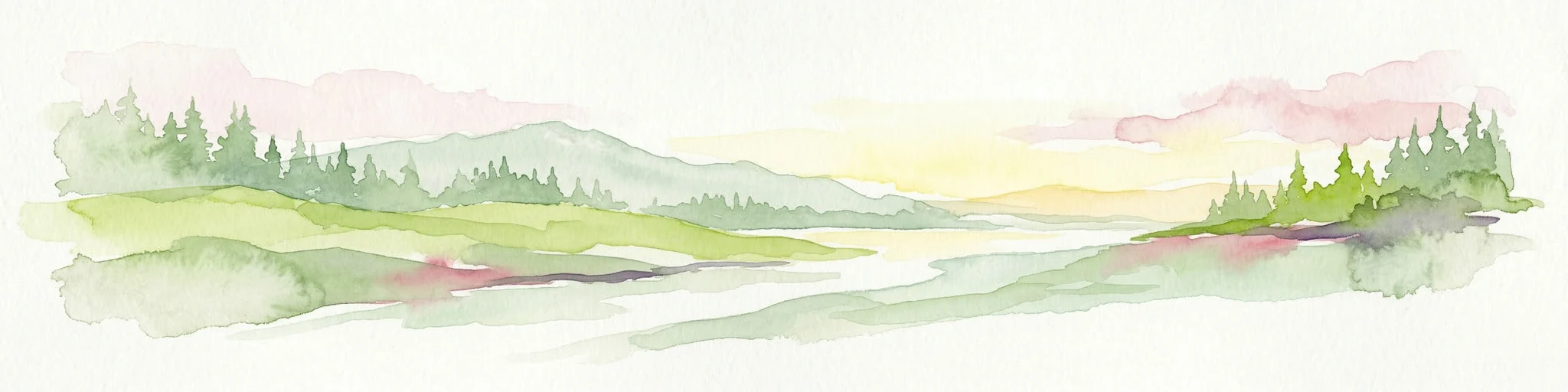 Pintura de acuarela que muestra un río fluyendo a través de un paisaje boscoso con colinas verdes, montañas distantes y un cielo rosa y amarillo