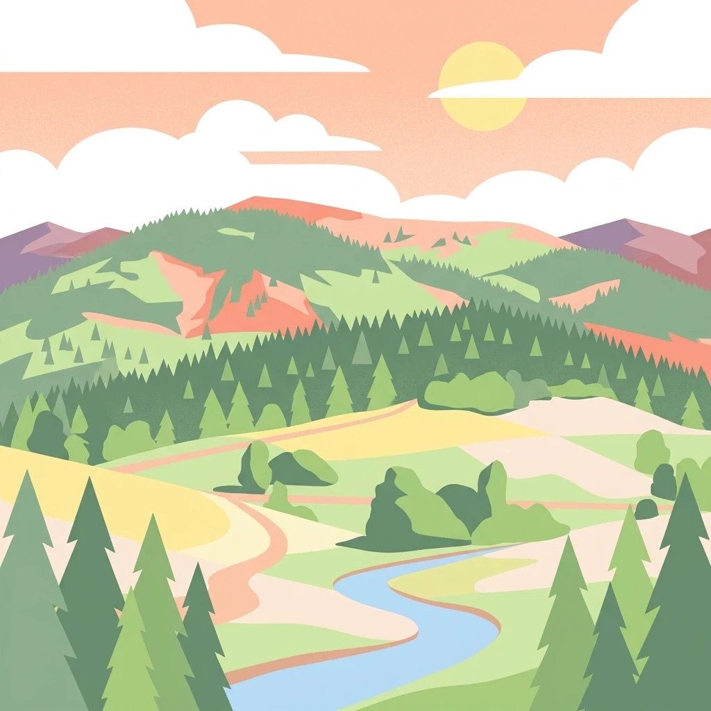 A flat vector illustration of a mountainous landscape with a winding river, evergreen forests, and rolling meadows under a sunset sky.