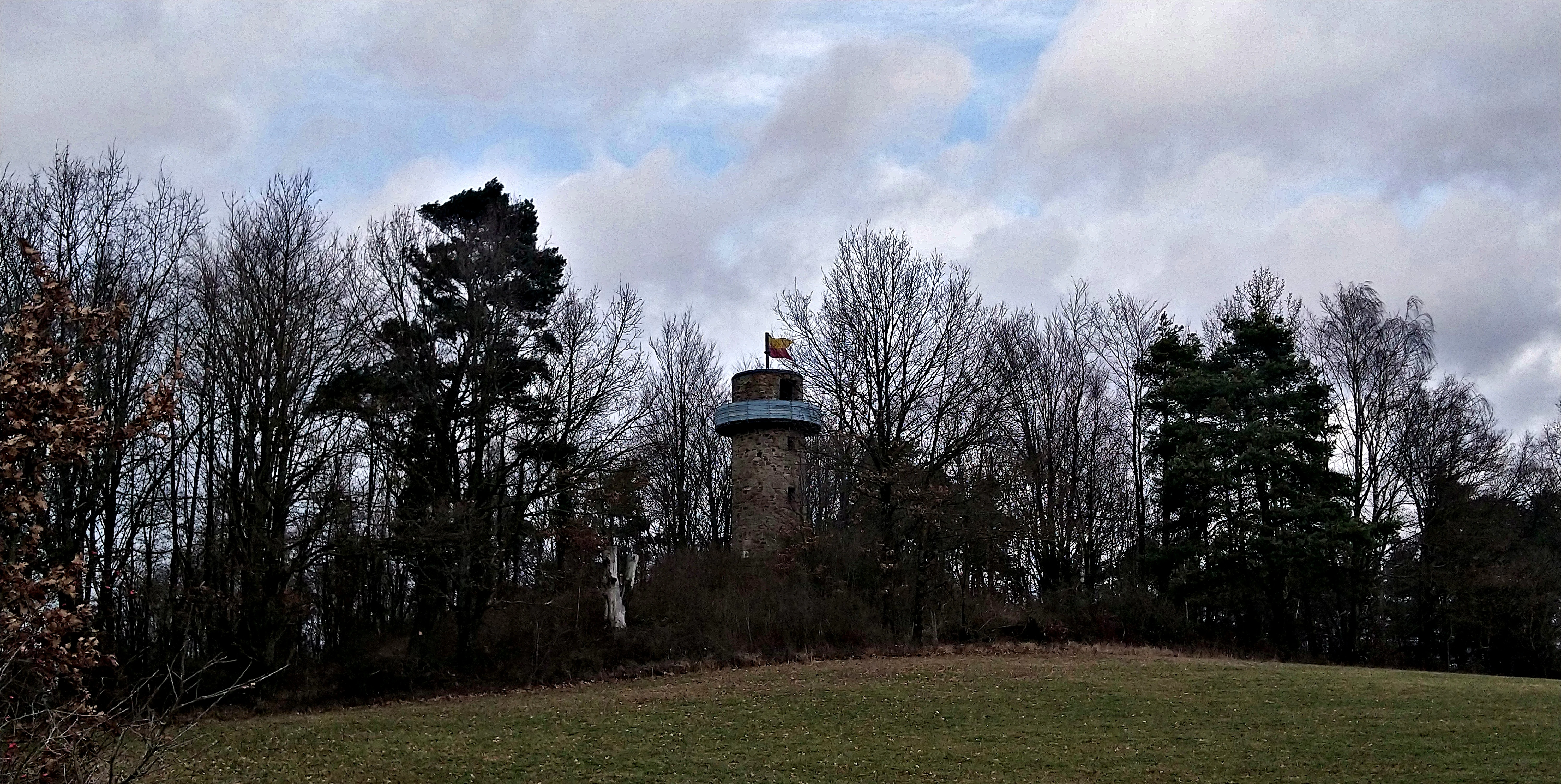 A stone observation tower known as the Bellingerwarte stands surrounded by a dense forest on a hill, viewed across a grassy field under a cloudy sky.