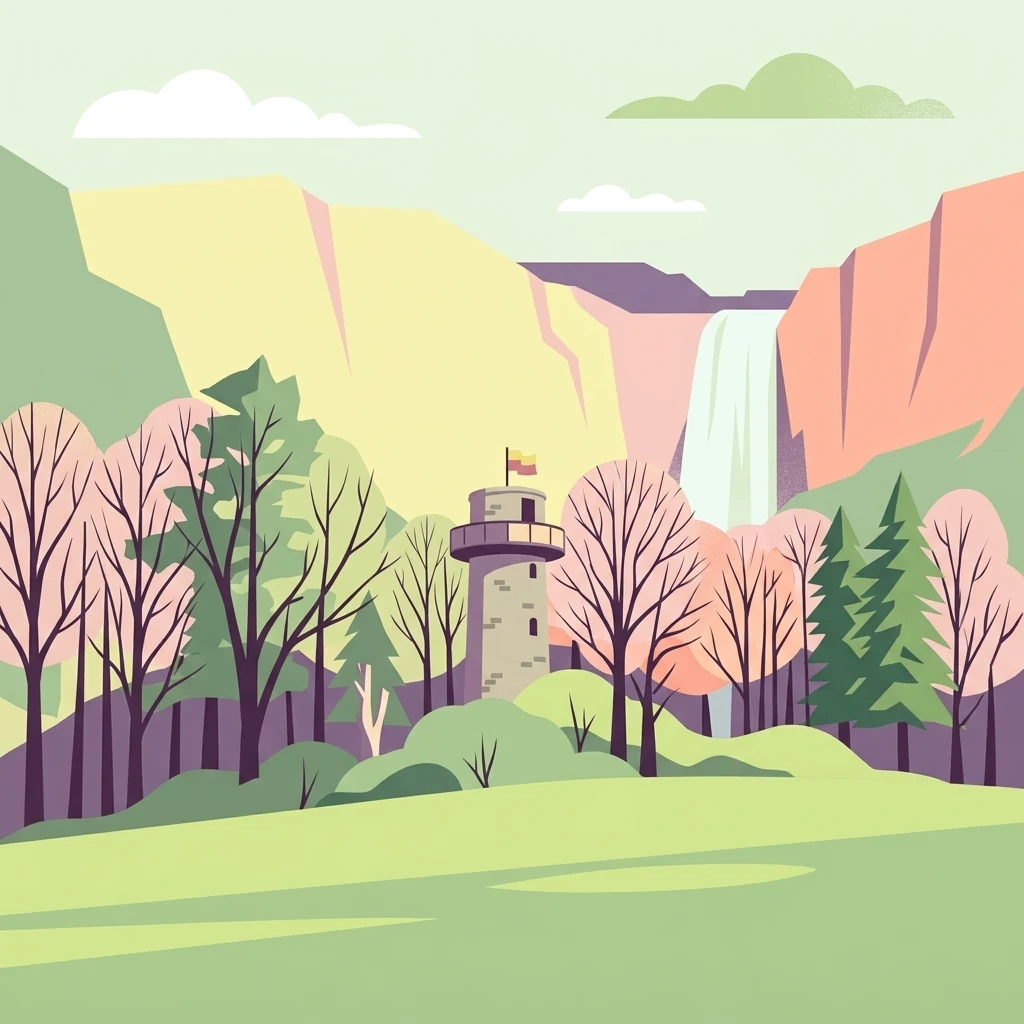 A flat vector illustration of a stone watchtower standing in a forest at the base of large cliffs with a waterfall in the background.