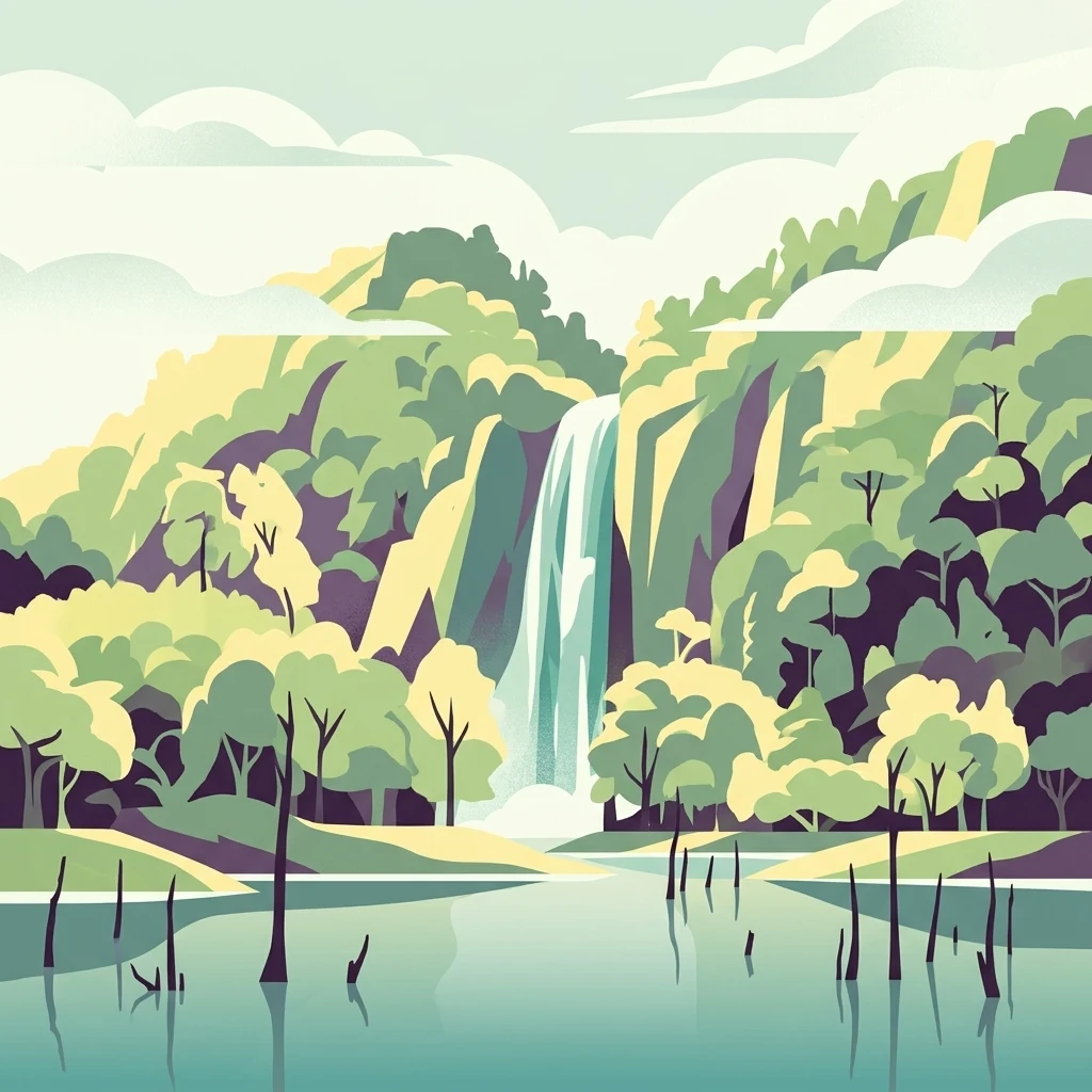 A digital illustration of a tall waterfall flowing into a calm lake, surrounded by a dense tropical forest with silhouetted trees in the foreground water.