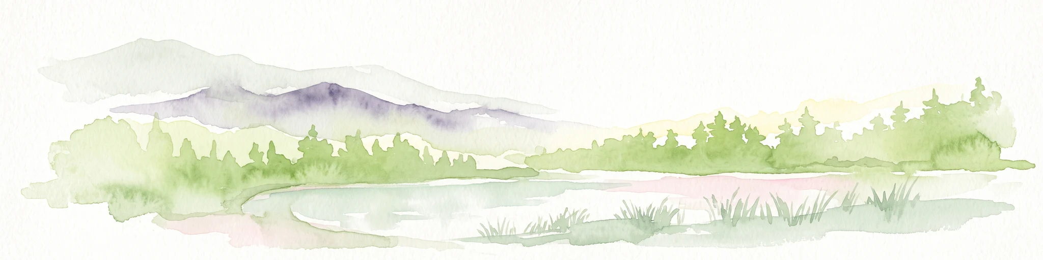 Una pintura en acuarela que muestra una escena tranquila junto a un lago, con densos bosques verdes al fondo y suaves montañas violáceas que se elevan tras ellos.
