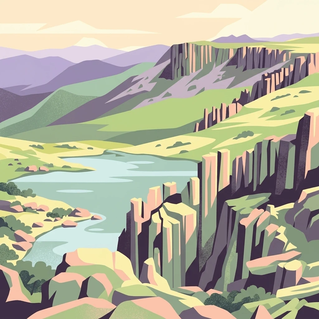 Stylized illustration of a mountainous landscape featuring a lake, cliffs, and rolling hills