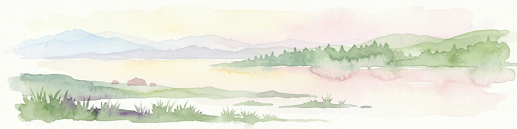 Watercolor illustration showing a lake with distant mountains and vegetation
