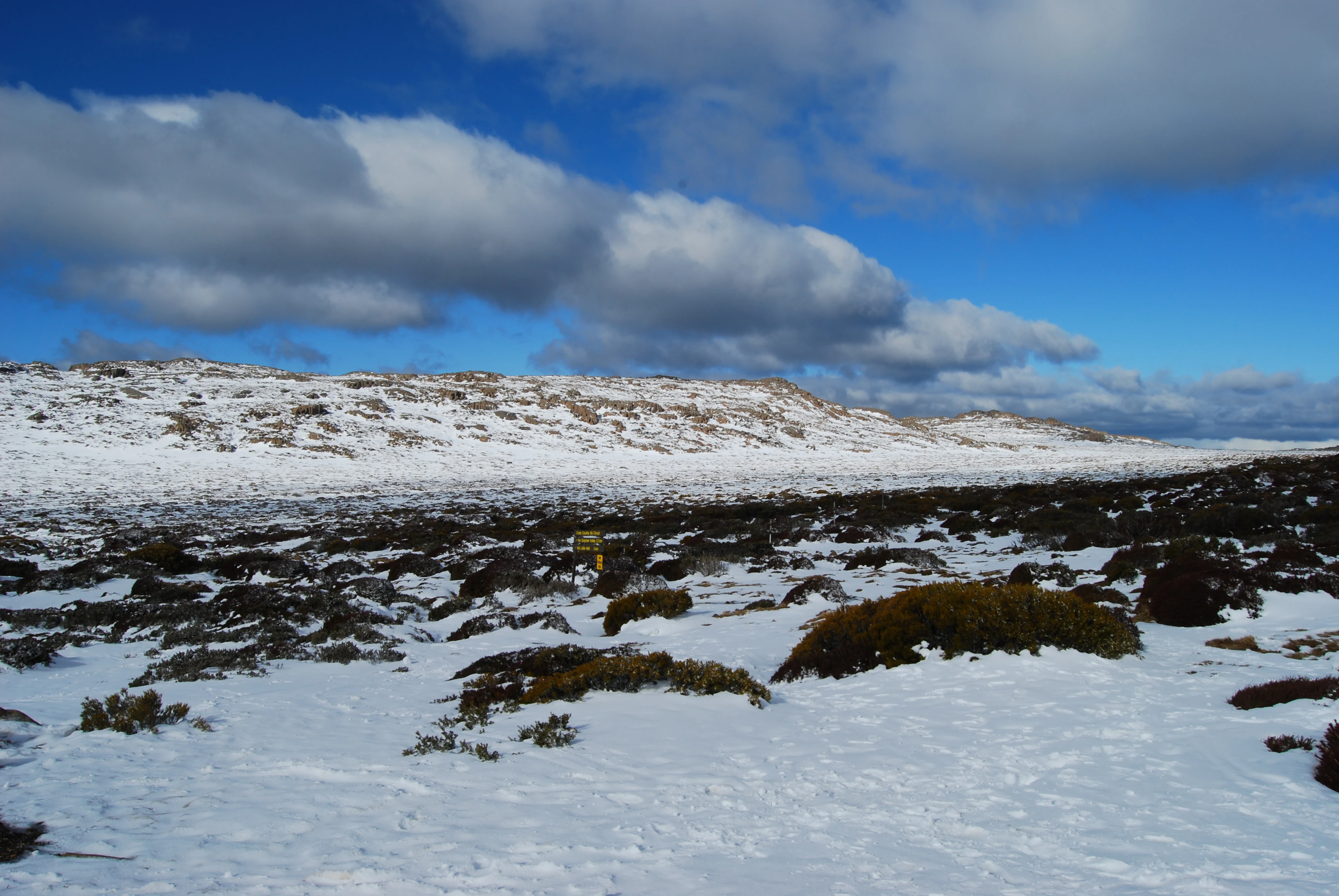 Paisaje cubierto de nieve con parches de vegetación expuesta bajo un cielo parcialmente nublado, con un excursionista solitario a medio plano.