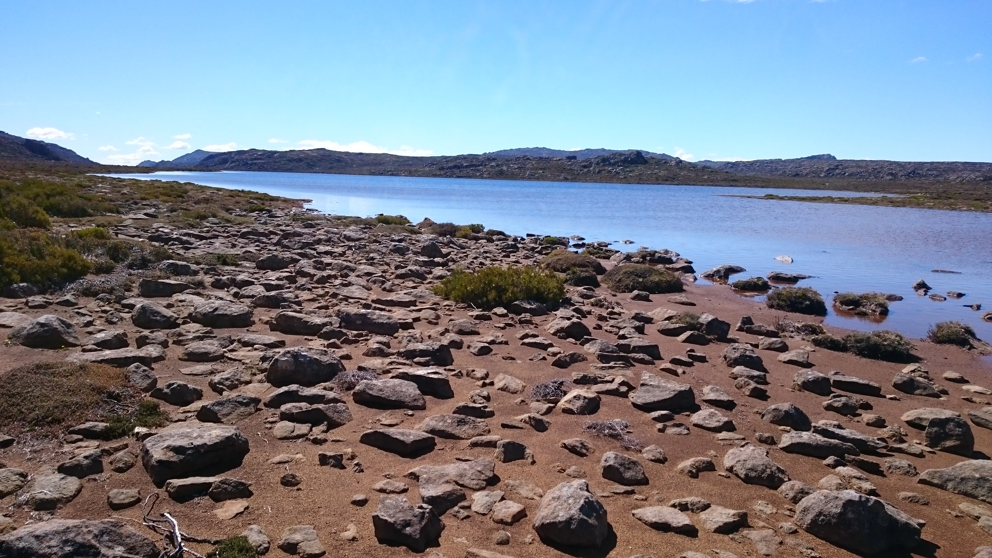 Un lago rodeado de terreno rocoso con vegetación escasa bajo un cielo azul claro
