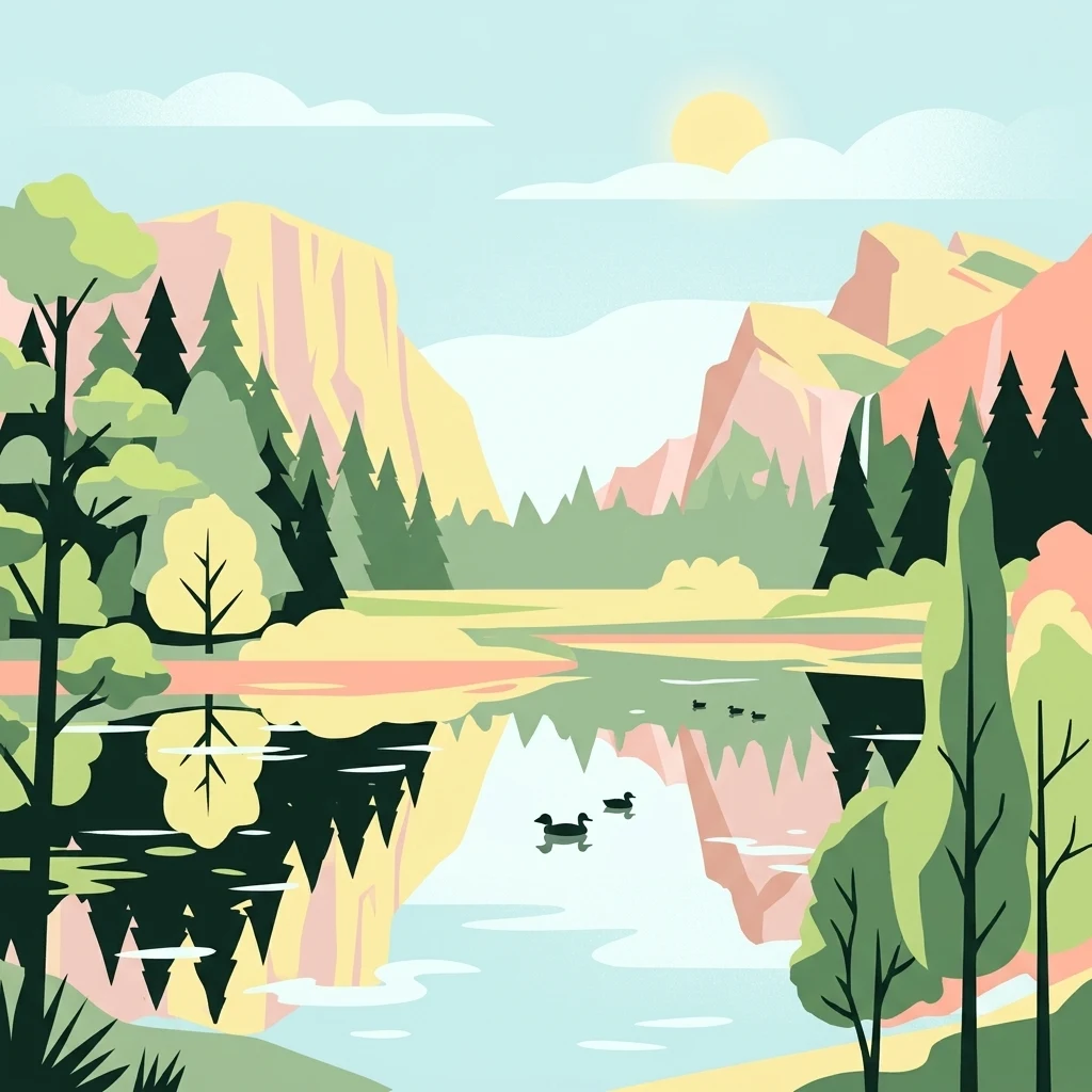 A flat-design vector illustration of a lake landscape with pine trees, deciduous trees, and mountains in the background under a pale sun, with ducks swimming on the water.