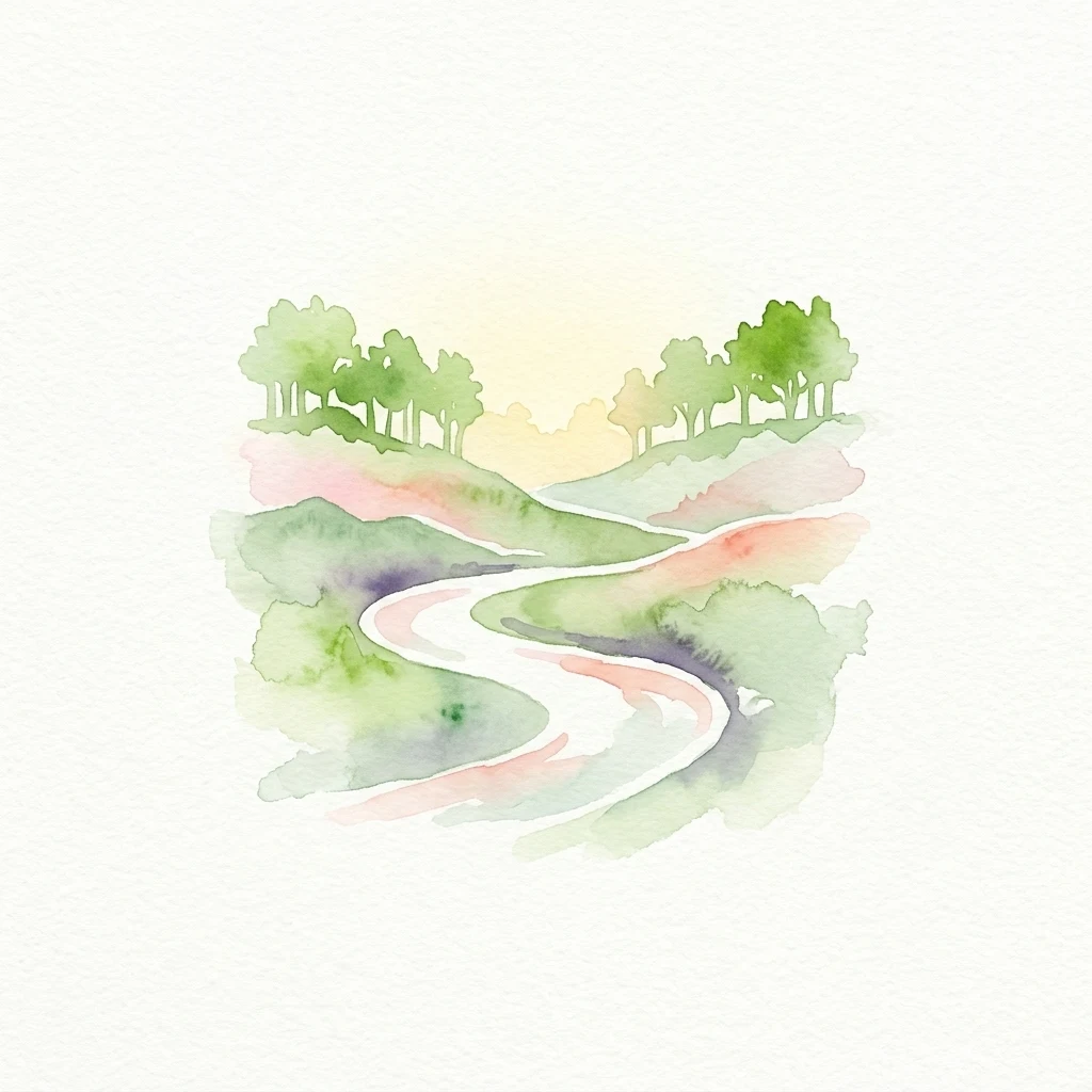 Watercolor painting showing a river winding through green hills with trees under a soft sky