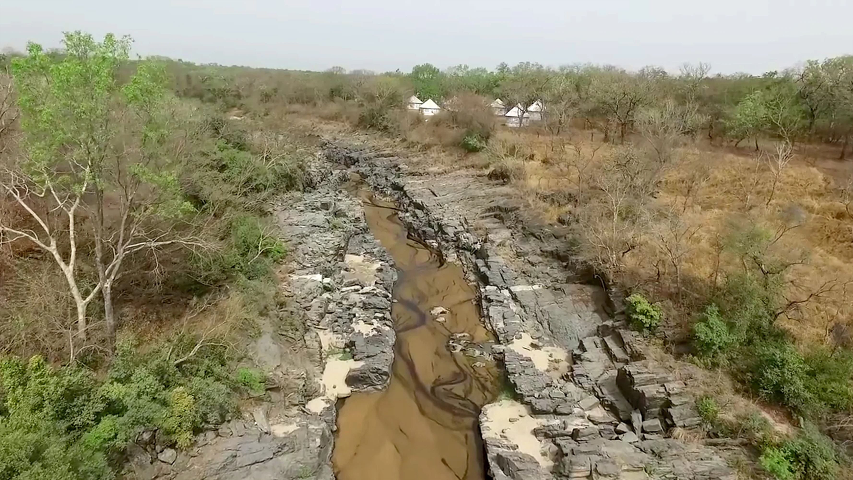 Río fluyendo a través de terreno rocoso con árboles dispersos al fondo