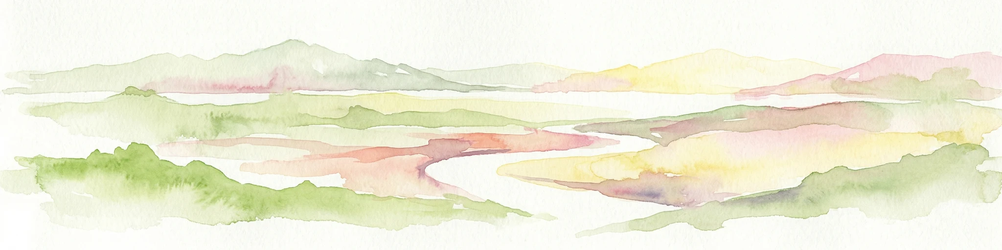 Watercolor illustration of a landscape with rolling hills, a winding river, and varied terrain in soft colors