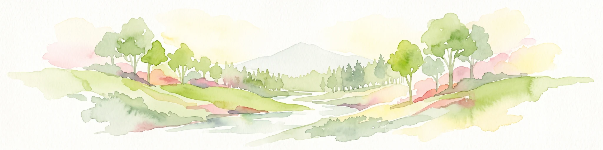 A soft watercolor illustration of a river flowing through a grassy valley with scattered trees and distant rolling hills on a white background.