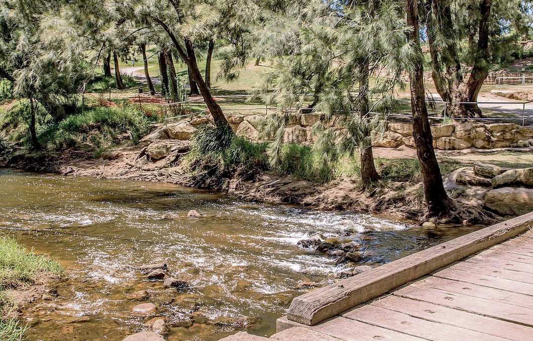 A view of the Nepean River flowing past a wooden bridge and wooded riverbank at Bents Basin State Conservation Area.