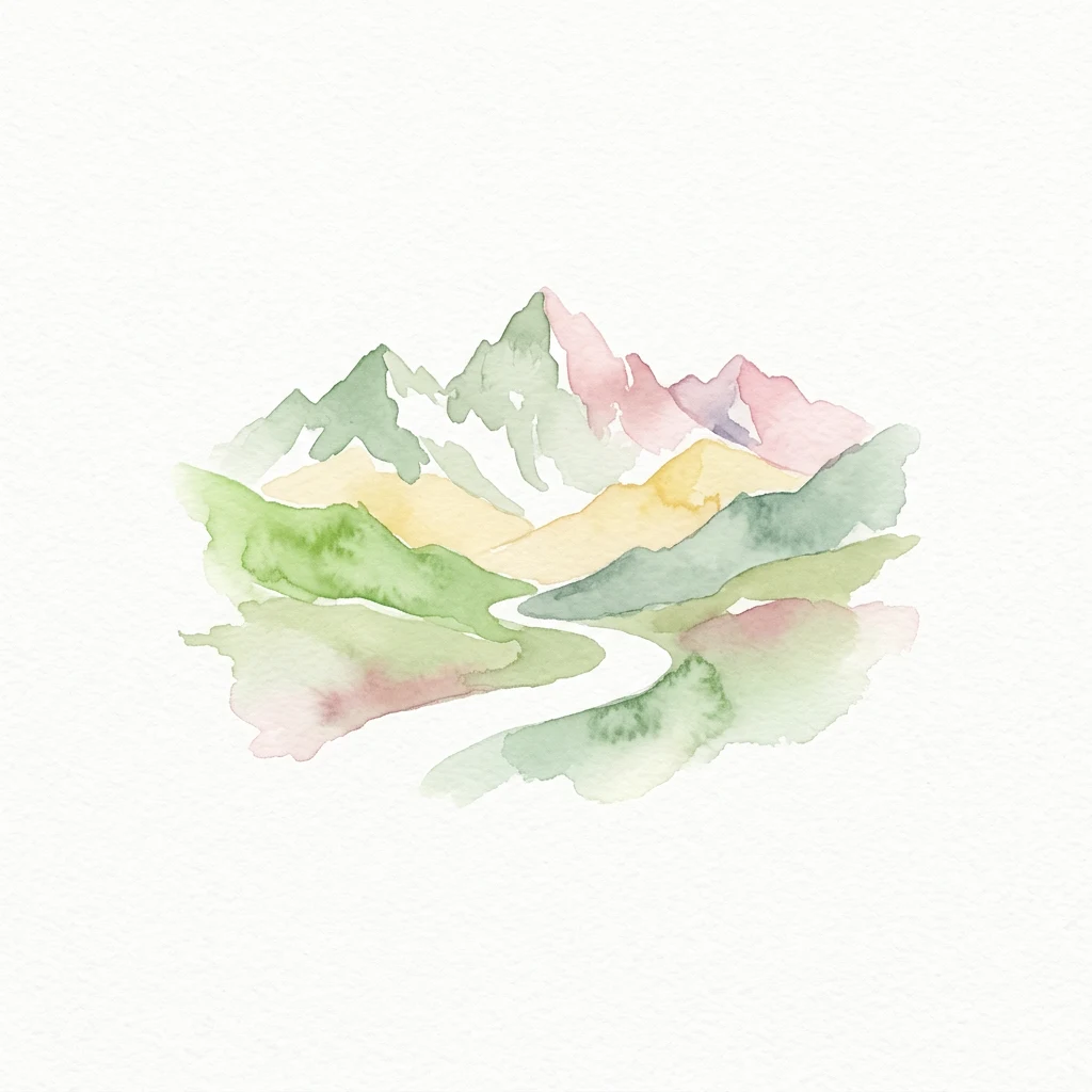 Watercolor illustration of mountain peaks, valleys, and a winding river