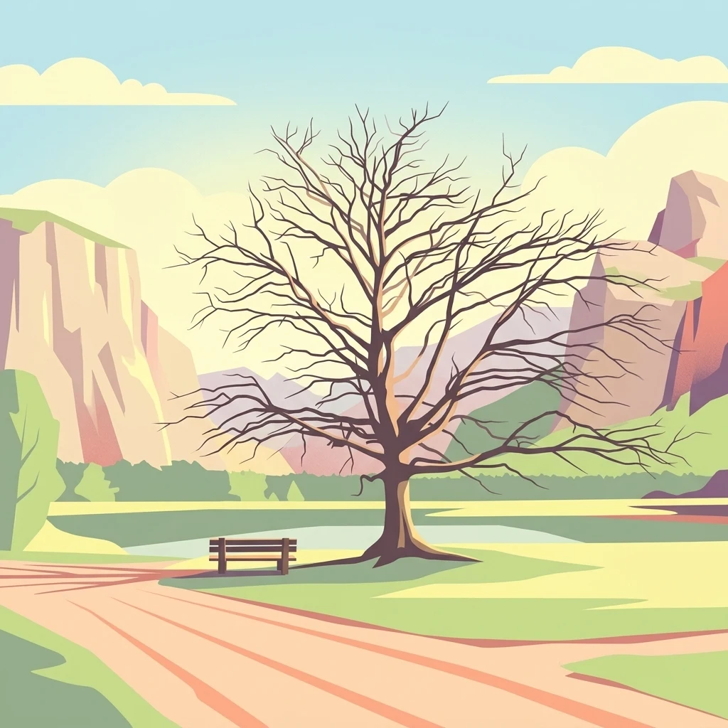 Una ilustración digital de estilo plano que representa un único árbol desnudo centrado en un prado con un banco de parque en su base, enmarcado por montañas en la distancia y un sendero sinuoso en primer plano.