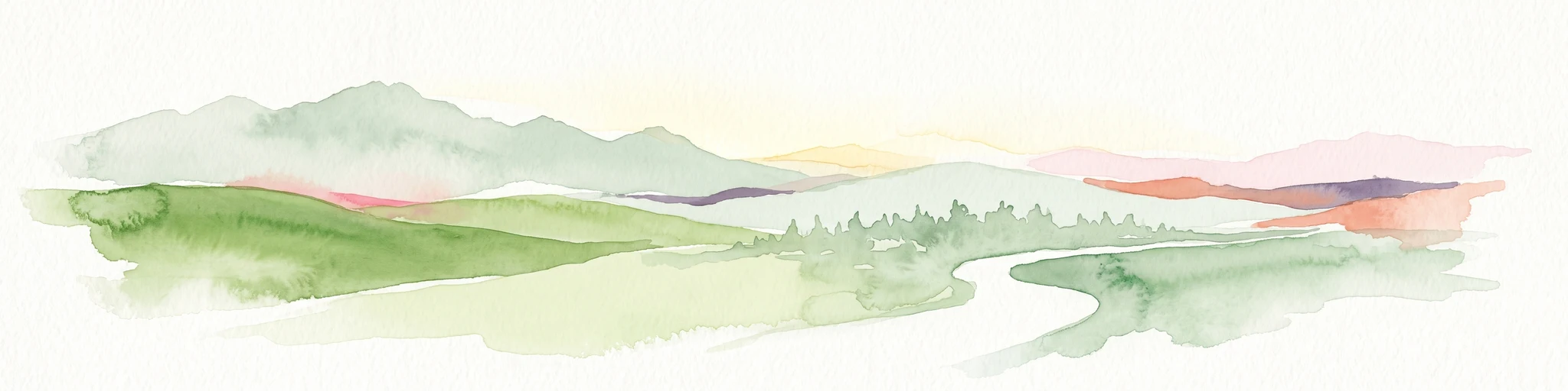 A soft watercolor illustration showing rolling green hills, a winding stream, and distant pastel-colored ridgelines on a white background.