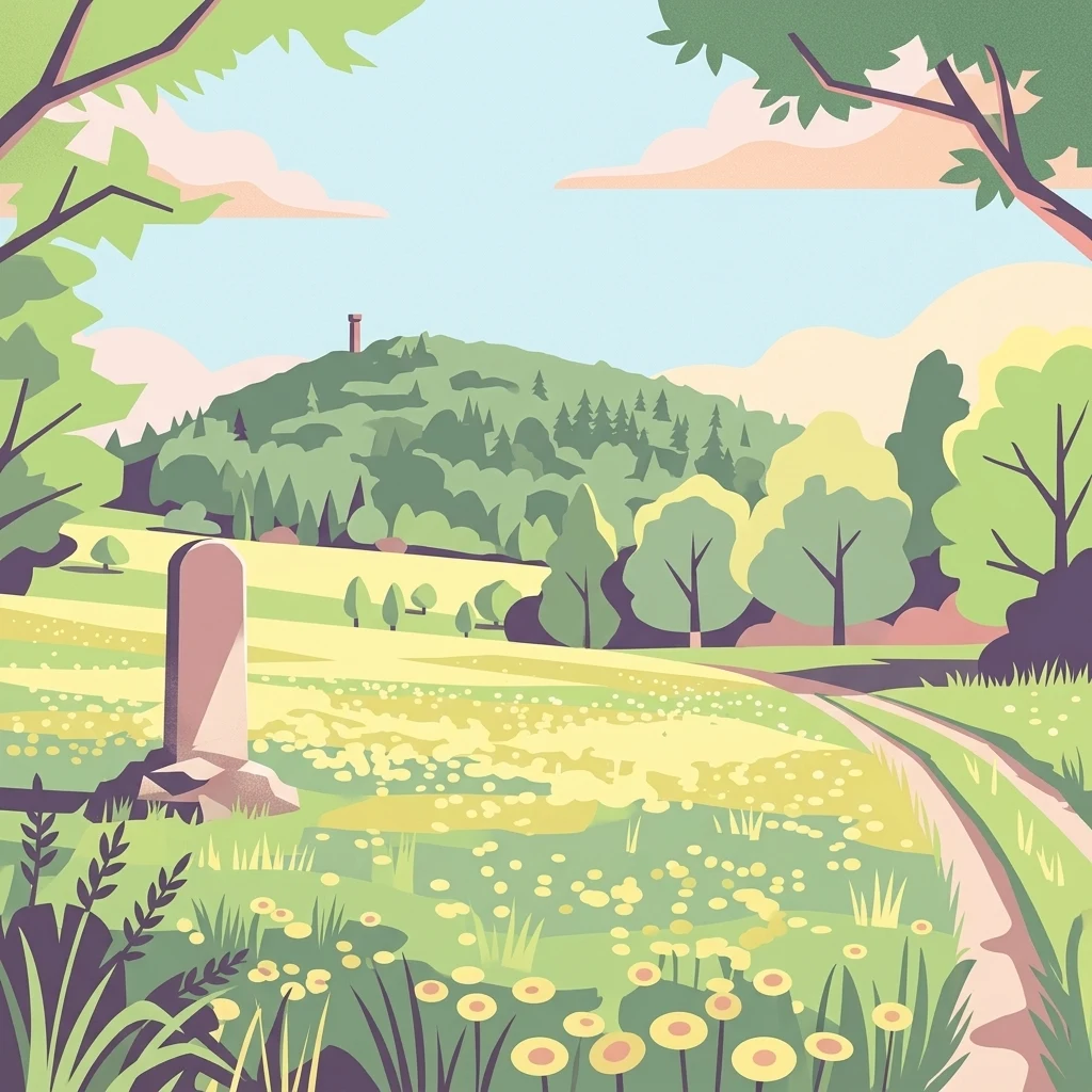 Una ilustración colorida de un prado verde con flores amarillas, un sendero de tierra serpenteante, árboles y una colina con una torre al fondo. Un hito de piedra se encuentra en primer plano.