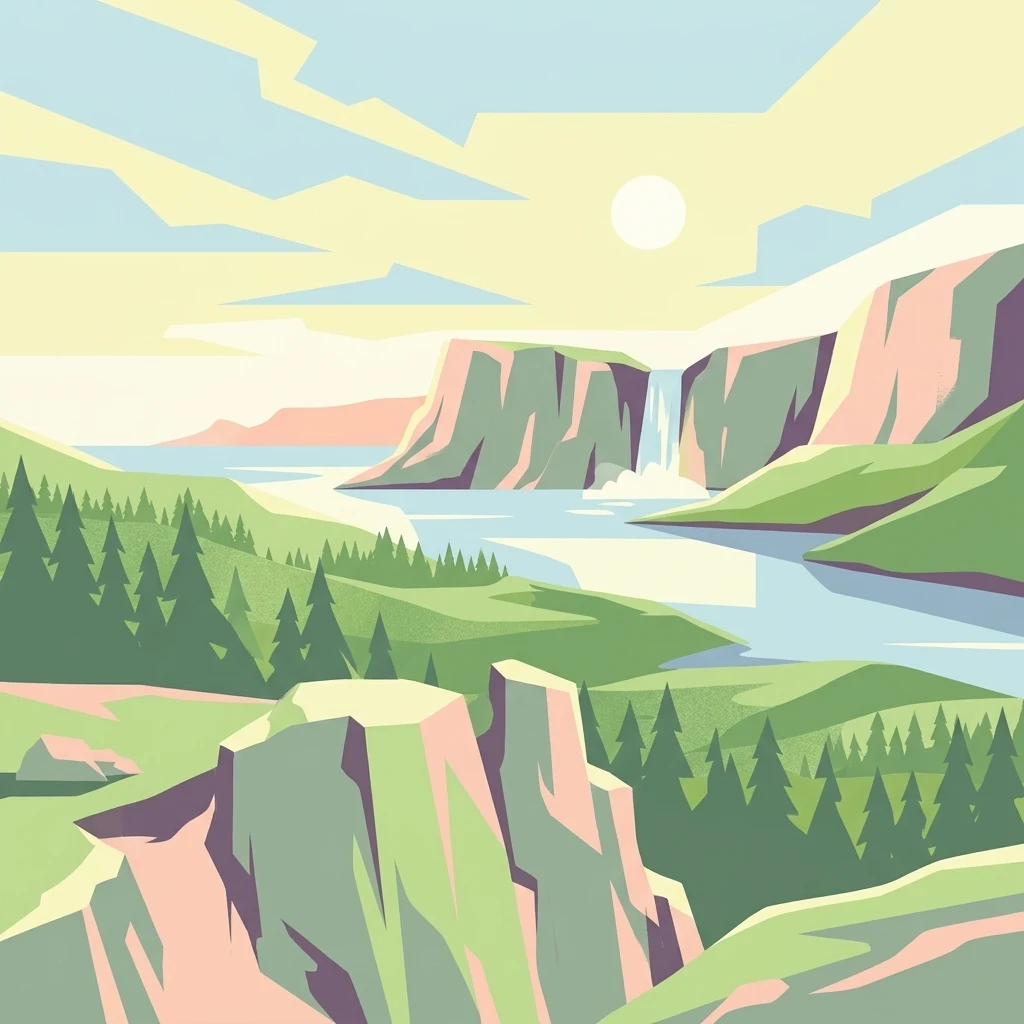 Una ilustración gráfica que muestra un paisaje soleado con acantilados rocosos, una cascada fluyente, un río serpenteando entre colinas y bosques de pinos.