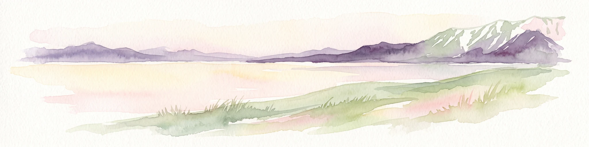 A horizontal watercolor painting depicting a pale, calm body of water in the foreground, with a grassy shoreline and rolling mountain silhouettes in the distance under a soft sky.