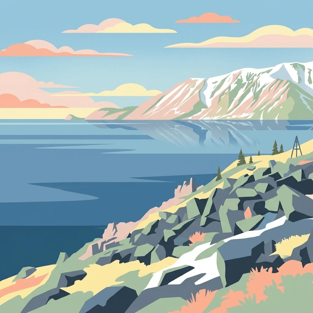 Ilustración estilizada de una costa montañosa con costa rocosa, aguas tranquilas y picos nevados bajo un cielo nublado