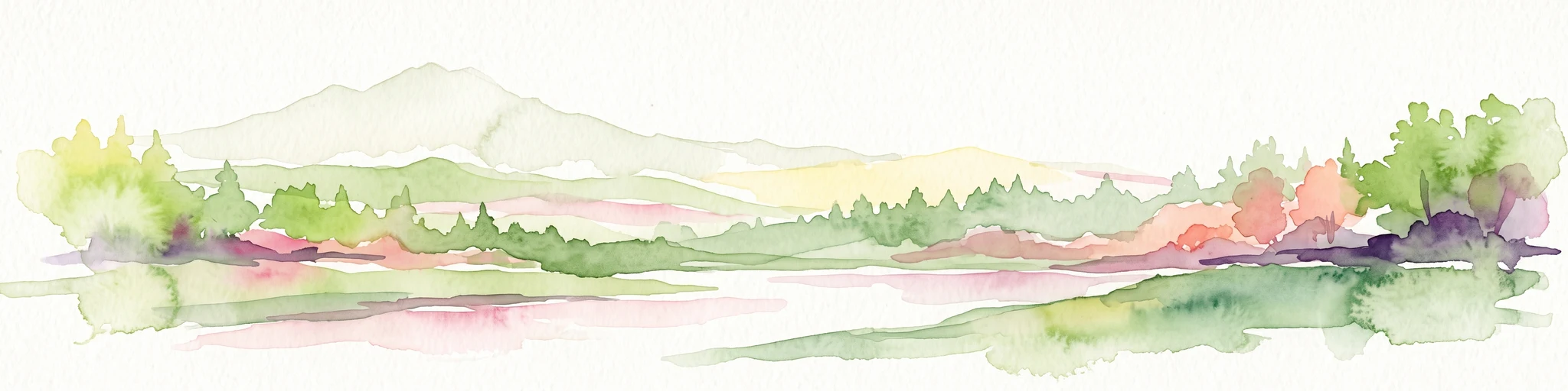Watercolor painting of a soft, hazy landscape featuring gentle green hills, clusters of trees, and open fields against a white background.