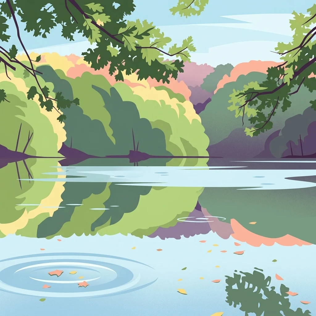 A stylized flat vector illustration of a calm lake surrounded by lush green and autumn-colored trees, with a ripple on the water surface in the foreground.