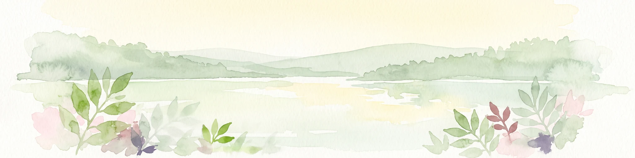 A horizontal watercolor illustration showing a calm lake in the distance with soft, green, hilly horizons and painted leaves framing the foreground.
