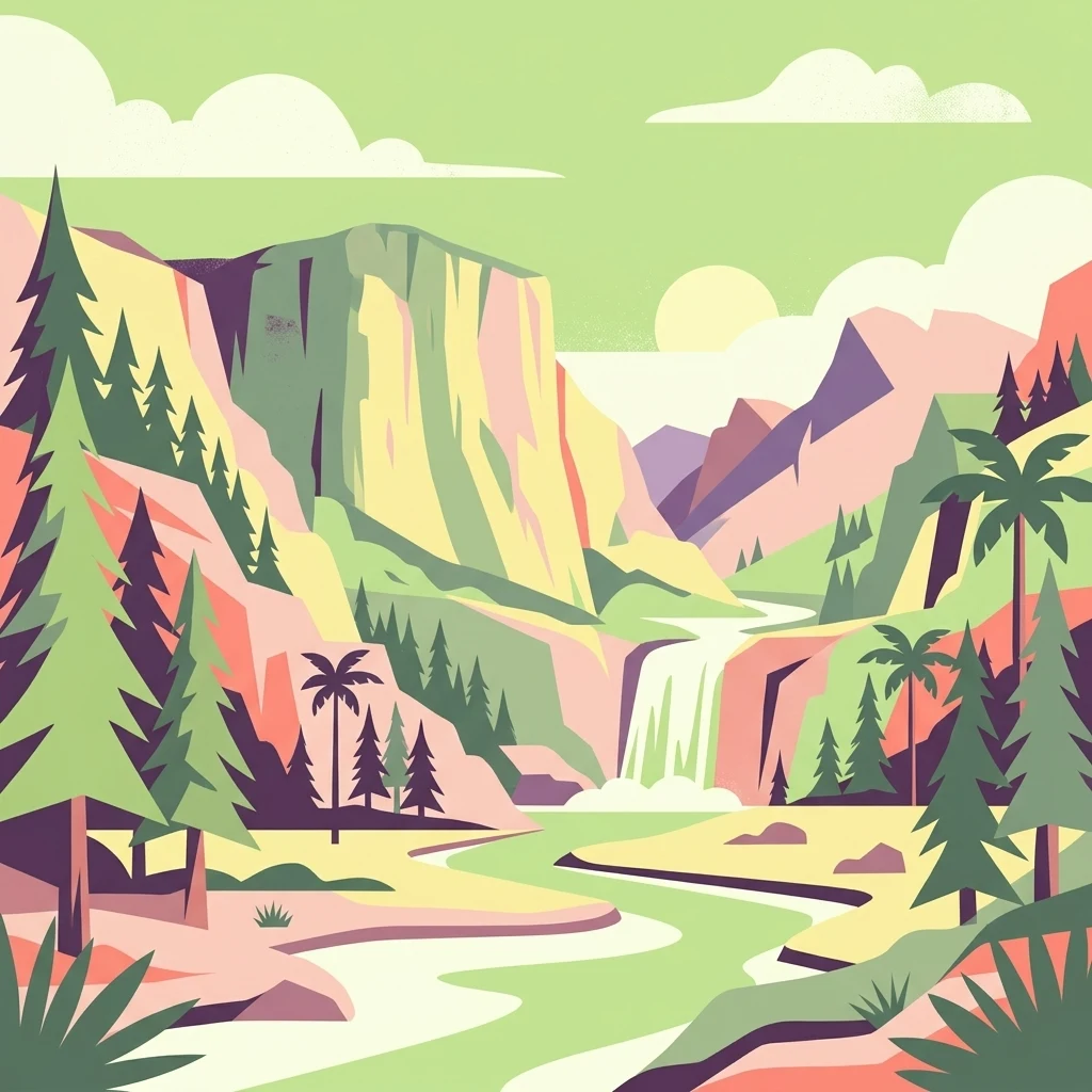 A flat, vector-style illustration of a vibrant mountain valley featuring a river, a small waterfall, pine trees, and palm trees under a light green sky.