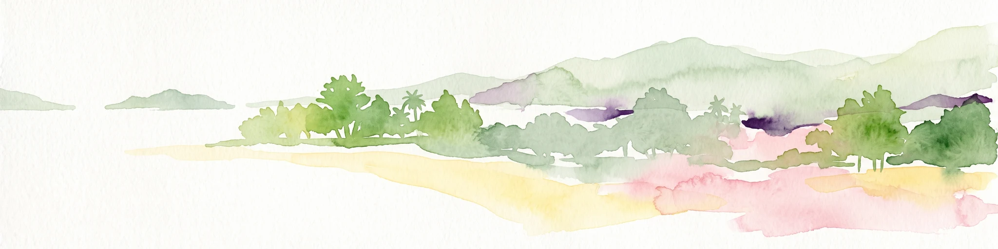 A minimalist watercolor illustration depicting a tropical island coastline with sand beaches, green trees, and rolling hills in the background.