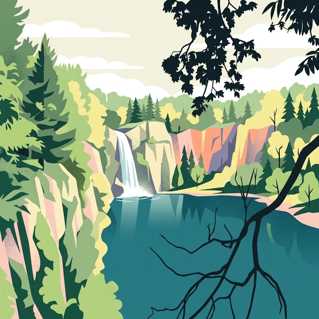 A stylized digital illustration of a quarry lake surrounded by steep rock cliffs, evergreen trees, and a waterfall, framed by dark tree branches in the foreground.