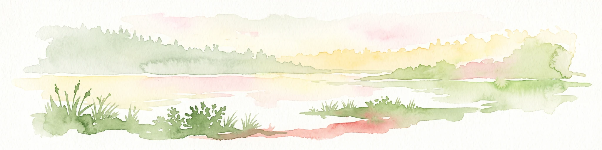 Una pintura horizontal en acuarela que representa un lago tranquilo con orillas cubiertas de hierba, juncos y una línea de árboles suave y brumosa al fondo contra un cielo pálido.